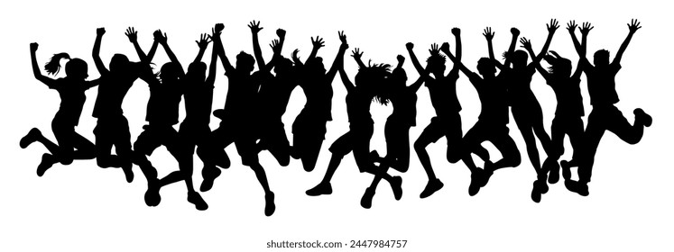 Many people jumping cheerfully, Silhouettes of jumping people, Silhouettes of man and woman jumping