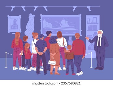 Many people listen to guide's story about exposition flat style, vector illustration. Group of adults and children on excursions, culture and leisure, paintings and sculptures