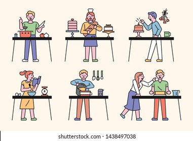 Mucha gente está preparando varios alimentos sobre la mesa. diseño plano ilustración vectorial mínima