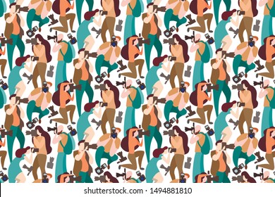 Many people of male and female photographers take pictures with and without flash. Wallpaper isolated on white background. Cartoon doodle illustration design. Colored vector illustration flat style.