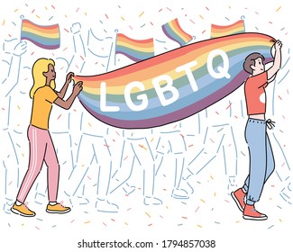 Many people are marching with LGBTQ flags. hand drawn style vector design illustrations. 