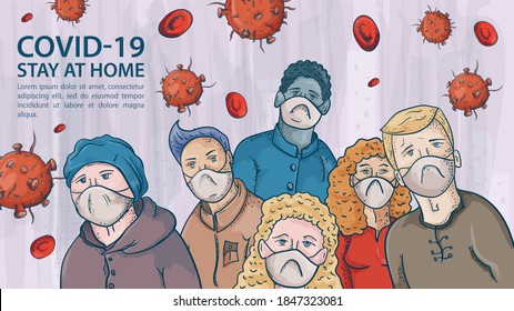 many people in medical masks, among the molecules of COVIND, coronavirus and red virus, 2019-nCoV, warning Label