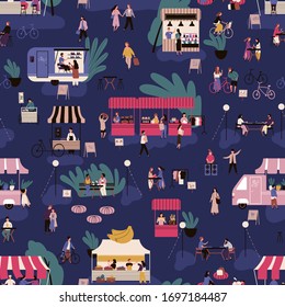 Many people at night market colorful seamless pattern. Urban festival, street marketplace. Background with croud of people walking and buying goods at fair. Vector illustration in flat cartoon style