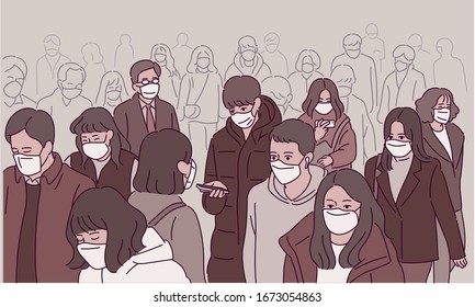 Many people on the street are walking wearing masks. hand drawn style vector design illustrations. 