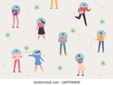 Many people on the streets are making social distances. flat design style minimal vector illustration.