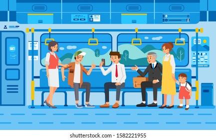 many people on train with their activities, man, women,young and adult, train interior as background vector illustration. use for poster, banner and anything.