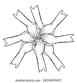 many people put their right hands together together hands unite black and white vector illustration