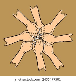 many people put their right hands together together hands unite vector illustration