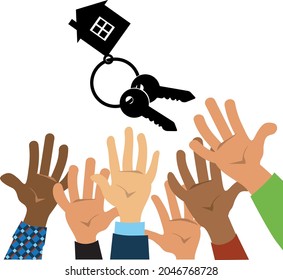 Many People Reaches For New Home Keys Representing A Bidding War For Property, EPS 8 Vector Illustration