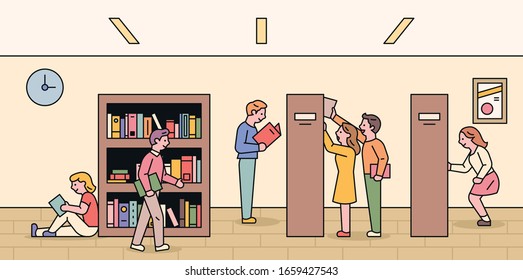 Many people reading books in the library. flat design style minimal vector illustration.