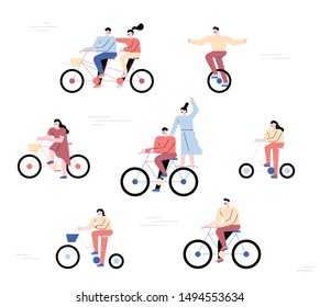 Many People Riding Bicycles. Flat Design Style Minimal Vector Illustration.