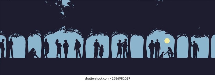 Many people are seen under trees in a park at the end of a day. The figures are silhouettes that contrast with the sky behind them in an image isolated on a transparent background.