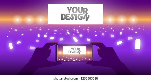 Many people are shooting your design or logo on stage. Design of poster, website header or banner. Proton Purple color. Vector illustration.