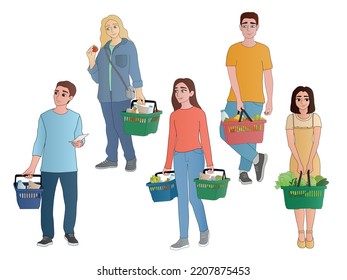 Many people with shopping baskets on white background