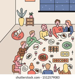 Many people are sitting at a large dining table having dinner. flat design style minimal vector illustration.