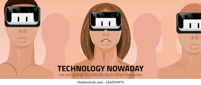 Many People standing next to each other watching in VR Device on skinny Background