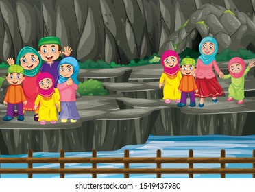 Many people standing on big rock illustration