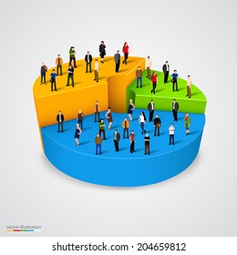 Many people standing on pie chart conceptual vector design