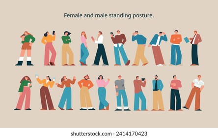 Many people are standing in various postures. Collection of men and women casual characters. flat vector illustration.