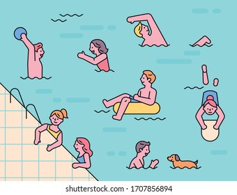 Many people are swimming in indoor swimming pools. flat design style minimal vector illustration.