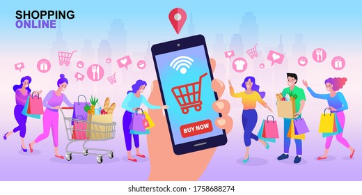 Many People Use Online Shopping Services. Smartphone Marketing And E-commerce. Vector Illustration.