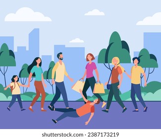 Many people walking in city street. Flat vector illustration. People in hurry, man falling down. Danger of large crowds concept