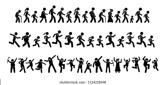 Many people walking, running, and dancing together. Stick figures pictogram depicts a lot of people from young to old marching, marathon, and partying. Crowd celebrate by jumping up and down.