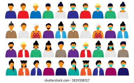 Many of people wearing medical face shield or surgical mask. Protection Covid or coronavirus pandemic concept. Vector illustration design.