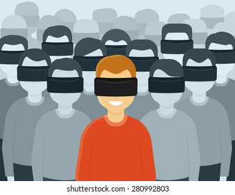 Many people wearing virtual reality helmet. Conceptual illustration of future generation