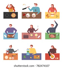 Many people who cooking various food vector illustration flat design