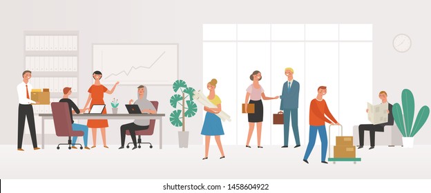 Many people are working in the office. flat design style minimal vector illustration.