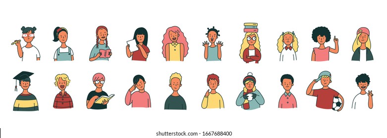 Many People-children Faces In Outline Style. Flat Design Style Minimal Vector Illustration.