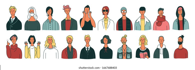 Many People-man Faces In Outline Style. Flat Design Style Minimal Vector Illustration.