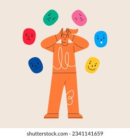 Many personality. Mask with different emotion woman. Colorful vector illustration