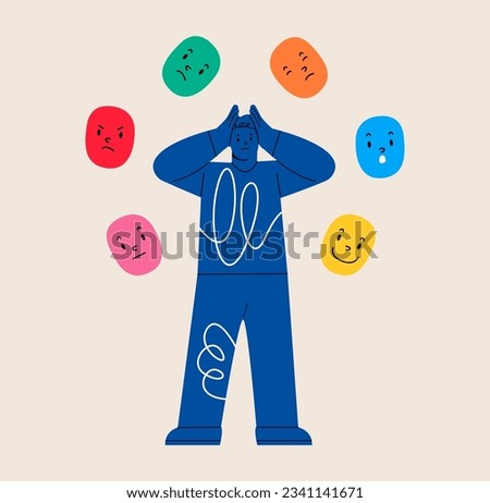 Many Personality. Mask with Different Emotion  Man. Colorful vector illustration