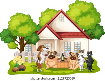 Many pet playing outside the doghouse illustration