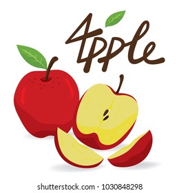 Many pieces of organic red apples on the white background and a handwritten word.