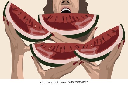 Many pieces triangle shape watermelon in front of a girl trying to eat of of them.