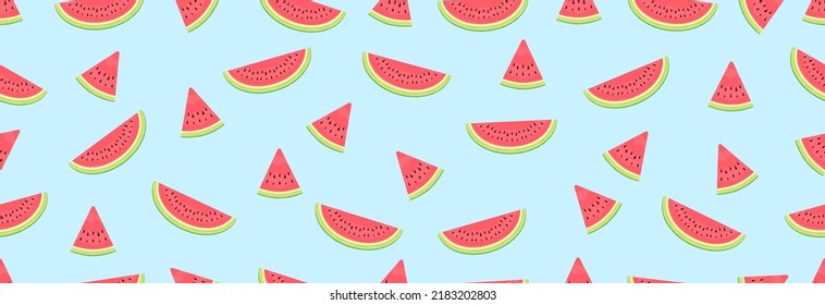 Many pieces of watermelon scattered on a blue background. Seamless pattern.