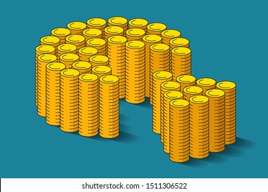Many piles of gold coins are standing side by side and shaping money pie and cut-out part near. Concept of tax payments, loan payments, shareholding income or donating