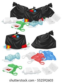 Many piles of trash with plastic bags and bottles illustration