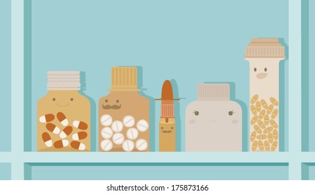 many pills and tablet in bottles of pharmacy 