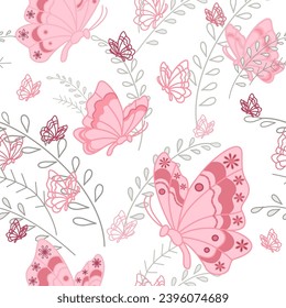 Many pink butterflys vector seamless pattern. Romantic vector illustration on white background. Calm background classic style in pastel colors. Decor for girl room.