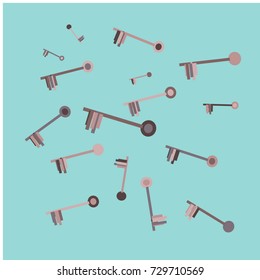 Many Pink and Grey Keys of Different Size on Blue Background