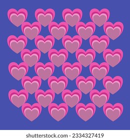 Many pink hearts stacked against blue background. Geometric patterns,  wallpapers, gift wrapping paper, clothes, wraps, weaving imitation illustration.