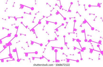 Many Pink Keys of Different Size on White Background