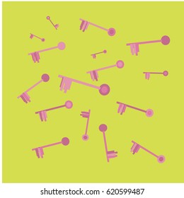 Many Pink Keys of Different Size on Green Background