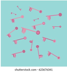 Many Pink Keys of Various Size on Blue Background