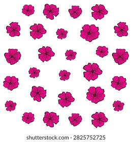 Many pink petunia flowers, hand drawn style, white background.