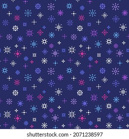 Many pink, white, blue sparkles on violet, pixel art seamless pattern. Small ornaments on purple background. Festive print. Christmas, New Year wrapping paper. Holiday textile. Geometric decorations.